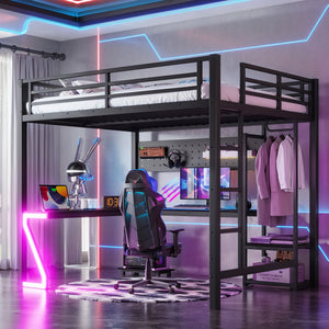 Queen Loft Bed with L-shaped Desk and USB Ports