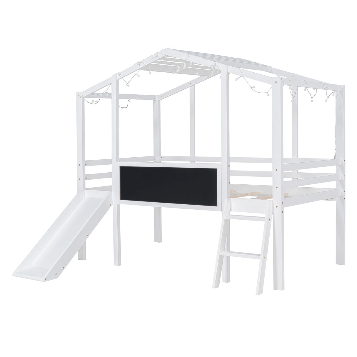 Loft House Bed With Ladder And Slide, With board And Light Strip On The Roof