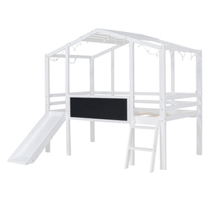 Loft House Bed With Ladder And Slide, With board And Light Strip On The Roof
