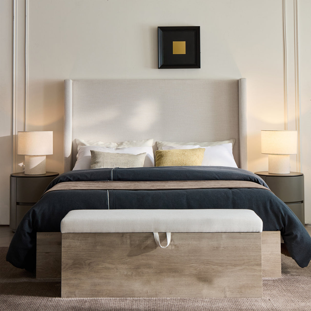 Shelton Upholstered Wingback Bed with 54-inch High Headboard in Textured Ivory Canvas Chenille