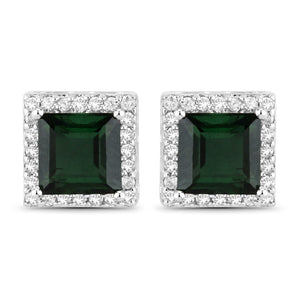 1.55 Carat Genuine Green Tourmaline and White Diamond 14K White Gold Earrings