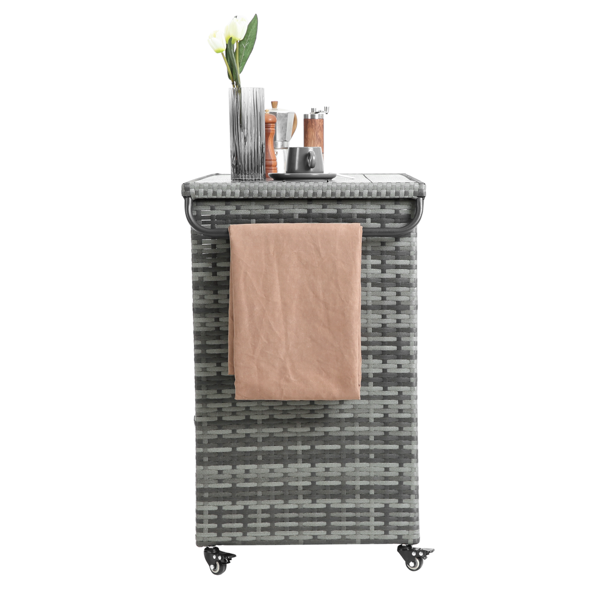 Outdoor Wicker Bar CartPatio Wine Serving Cart w/Wheels Rolling Rattan Beverage Bar Counter Table w/Glass Top for Porch Backyard Garden Poolside PartyLight brown