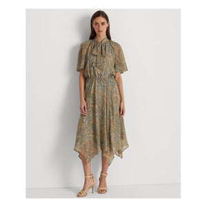 Lauren Ralph Lauren Light Blue Paisley Tie Neck Midi Dress
