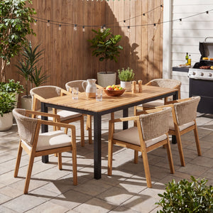 7-Piece Outdoor Dining Set, Acacia Wood Table & 6 Acacia Wood Rope Chairs