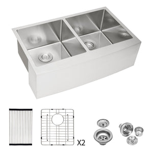 Double Bowl Farmhouse Sink, Stainless Steel Apron Front Kitchen Sink 16 Gauge - Brushed Nickel