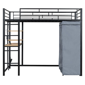 Loft Bed With Desk, Shelves, Power Outlet, LED Light And Wardrobe