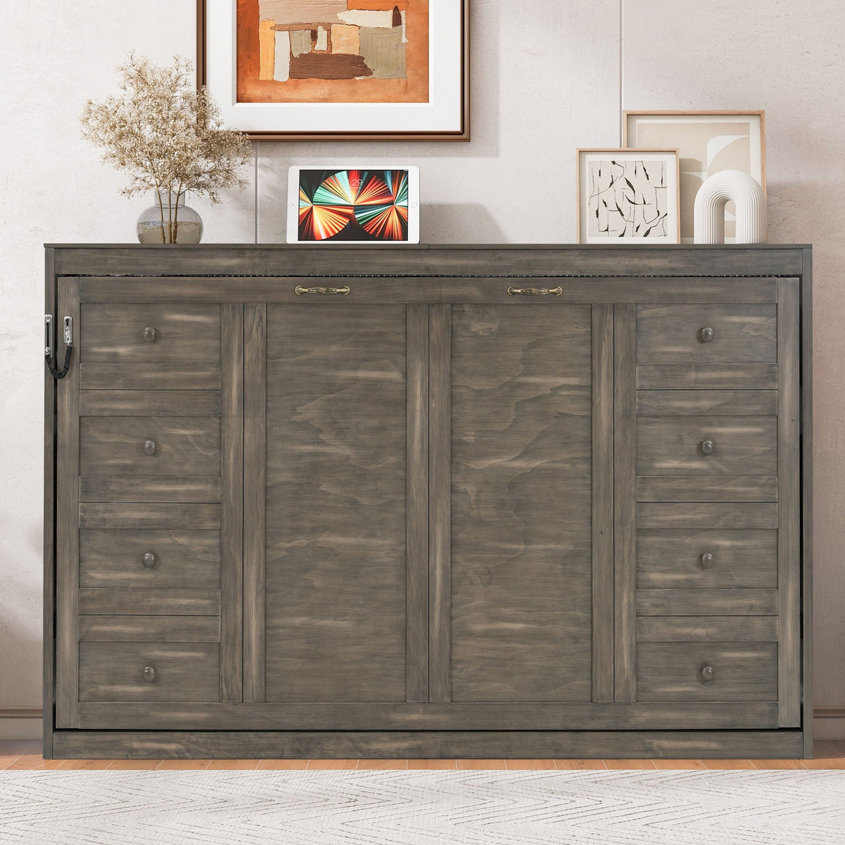 Murphy Bed with LED Light and Foldable Wall Cabinet