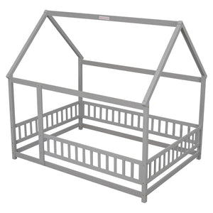 Floor Wooden Bed With House Roof Frame, Fence Guardrails