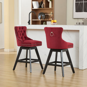 Swivel Velvet Barstools with Button Tufted Decoration - Set of 2 (Wine Red)