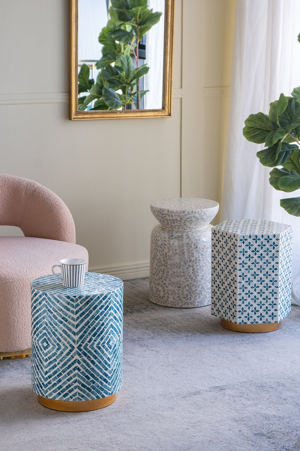 15x13x18.5" Hexagonal Accent Table with Blue Capiz Design and Gold Base