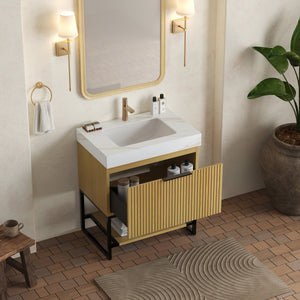 YOLAN 30" Bathroom Vanity & Sink, Freestanding Striped Plywood Storage Cabinet
