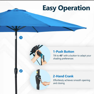 Solar LED Patio Umbrella With Crank Lift And Tilt, 8 Ribs, UV Resistant Canopy For Pool, Backyard & Patio (Without Base) - Blue