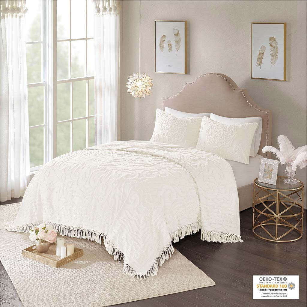 Tufted Cotton Chenille Medallion Fringe Coverlet Mini Set Off-White Twin/Twin XL