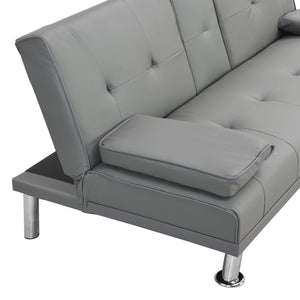 Sofa Bed With Armrest Two Holders Wood Frame, Stainless Leg Futon - Gray
