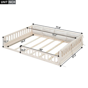 Wood Full Size Upholstered Platform Bed with Guardrail and Pillow