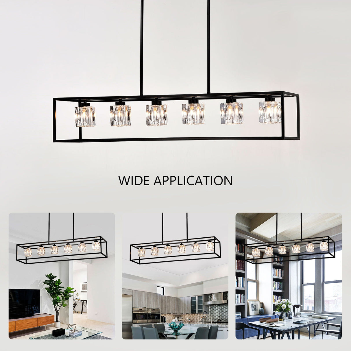 6 Light Farmhouse Chandelier, Modern Industrial Linear Rectangular Crystal Pendant Light Cage Chandelier For Dining Room, Kitchen Island, Bar, Long Table, G9*6 Bulbs Included - Matte Black