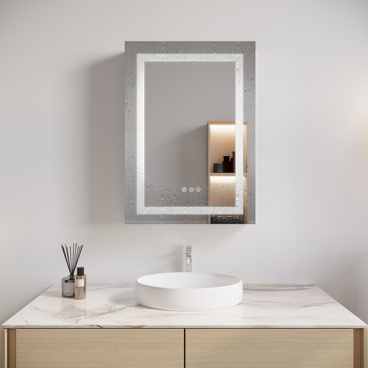 Bathroom Medicine Cabinet With LED Mirror, Anti-Fog, Waterproof, 3000K~6000K Single Door Lighted Bathroom Cabinet With Touch Swich