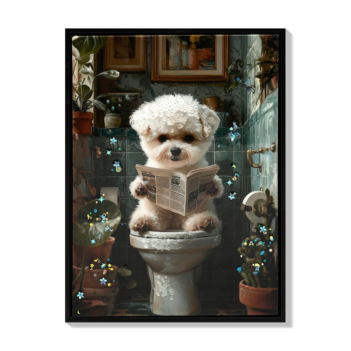 Framed Bathroom Decor, Cute Puppy Wall Art in Picture Frame, Funny Bathroom Wall Art Signs, 3D Canvas Print Ready to Hang (Framed,12''x16'')
