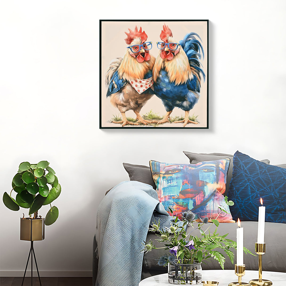 Farmhouse Rooster Wall Art, Rustic Chicken Pictures Wall Decor, Country Farm Coop Canvas Prints Painting, Framed Artwork for Kitchen Living Room Dining Room Bathroom Bedroom 24'x24'