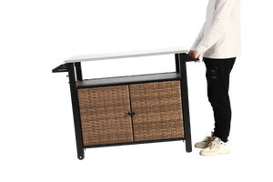 Outdoor Kitchen Wicker Island Rolling Cart & Storage Cabinet Brown