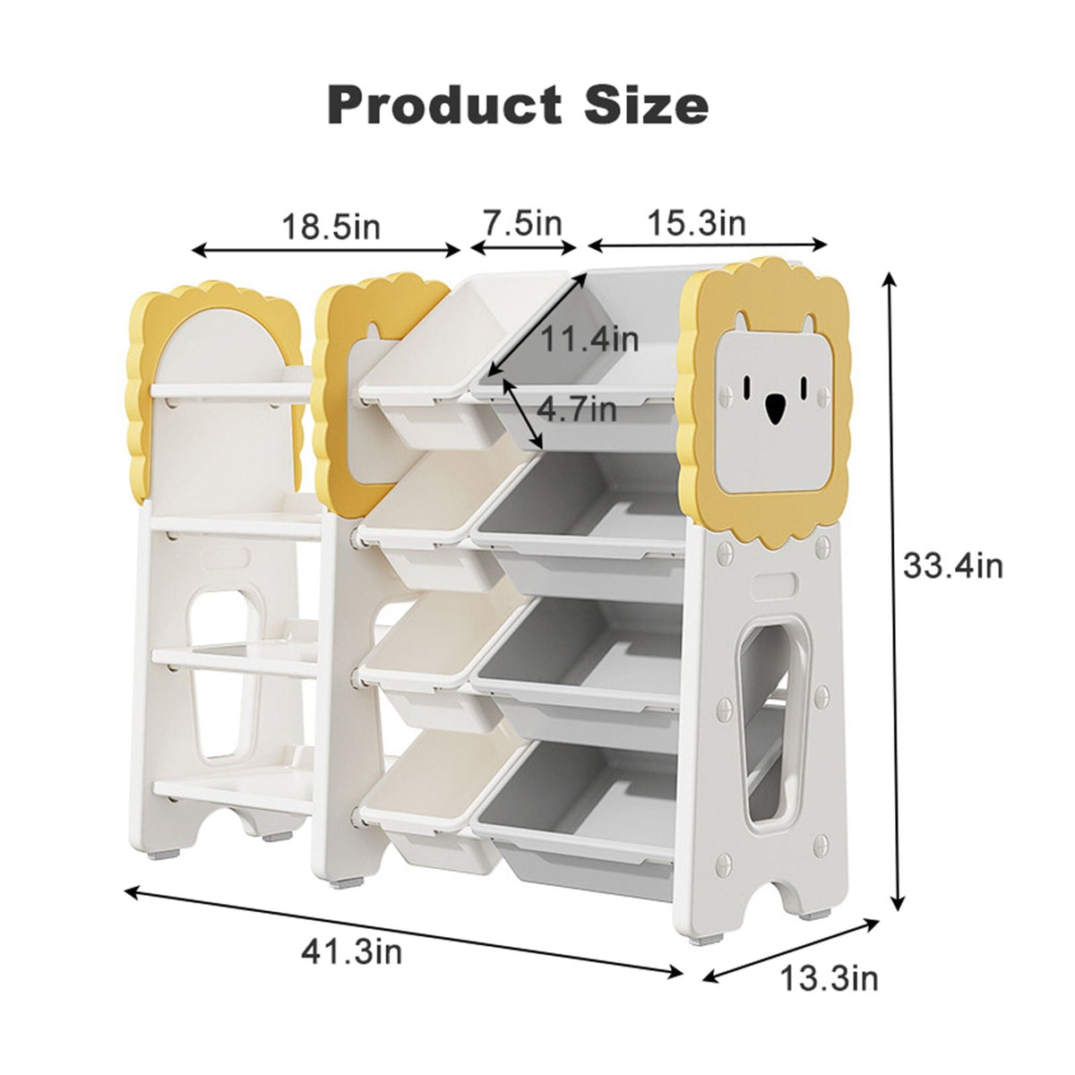 Kids Bookshelf and Toy Storage with 8 Removable Bins - Gray / White / Yellow
