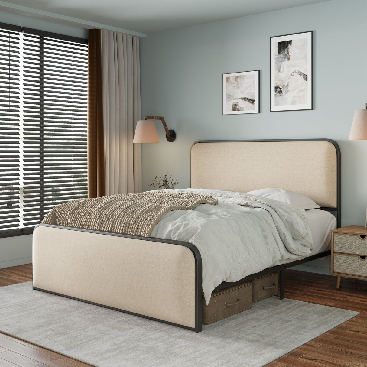 Modern Bed with Curved Upholstered Headboard and Footboard
