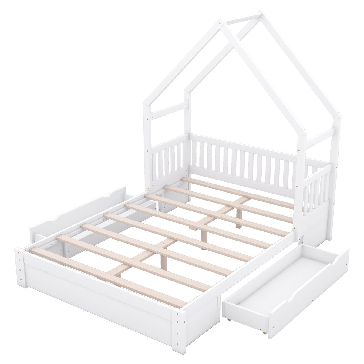 Queen Storage Platform Bed with Guardrail and 2 Drawers - White or Light Brown