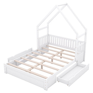 Queen Storage Platform Bed with Guardrail and 2 Drawers - White or Light Brown