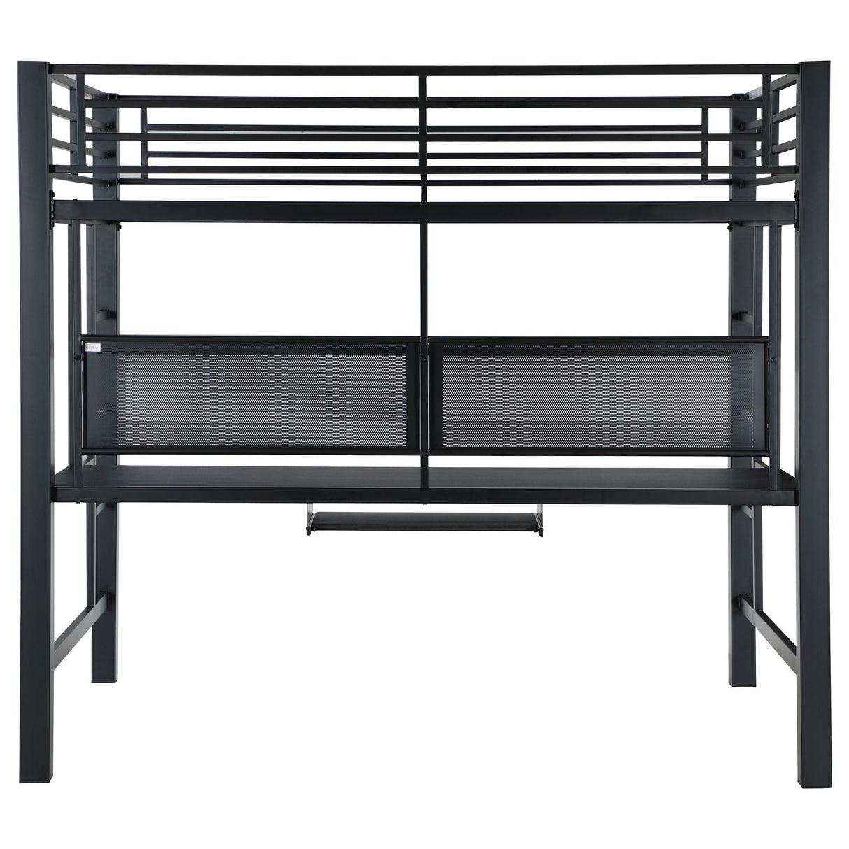 Ranier - Full Workstation Loft Bed, Full Length Desk, Safety Rails And Storage Shelves - Black