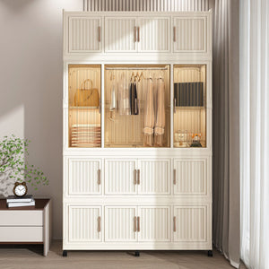 Portable Wardrobe Closet Storage Organizer With 17 Magnetic Doors, 17 Cubes, Hanging Rod & 6 Hangers - Creamy White