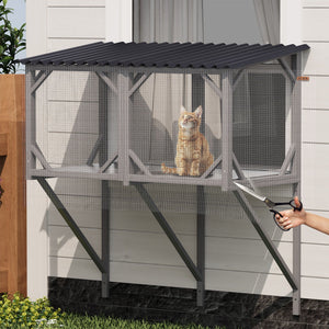 Premium Cat Window Box With Bug Proof Net For Large Indoor Cats Spruce Wood & Polyester - Antique Gray