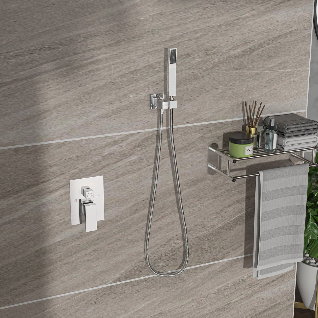 Modern Dual Shower Head System With 16" Ceiling Mount Finish, Stainless Steel And Brass