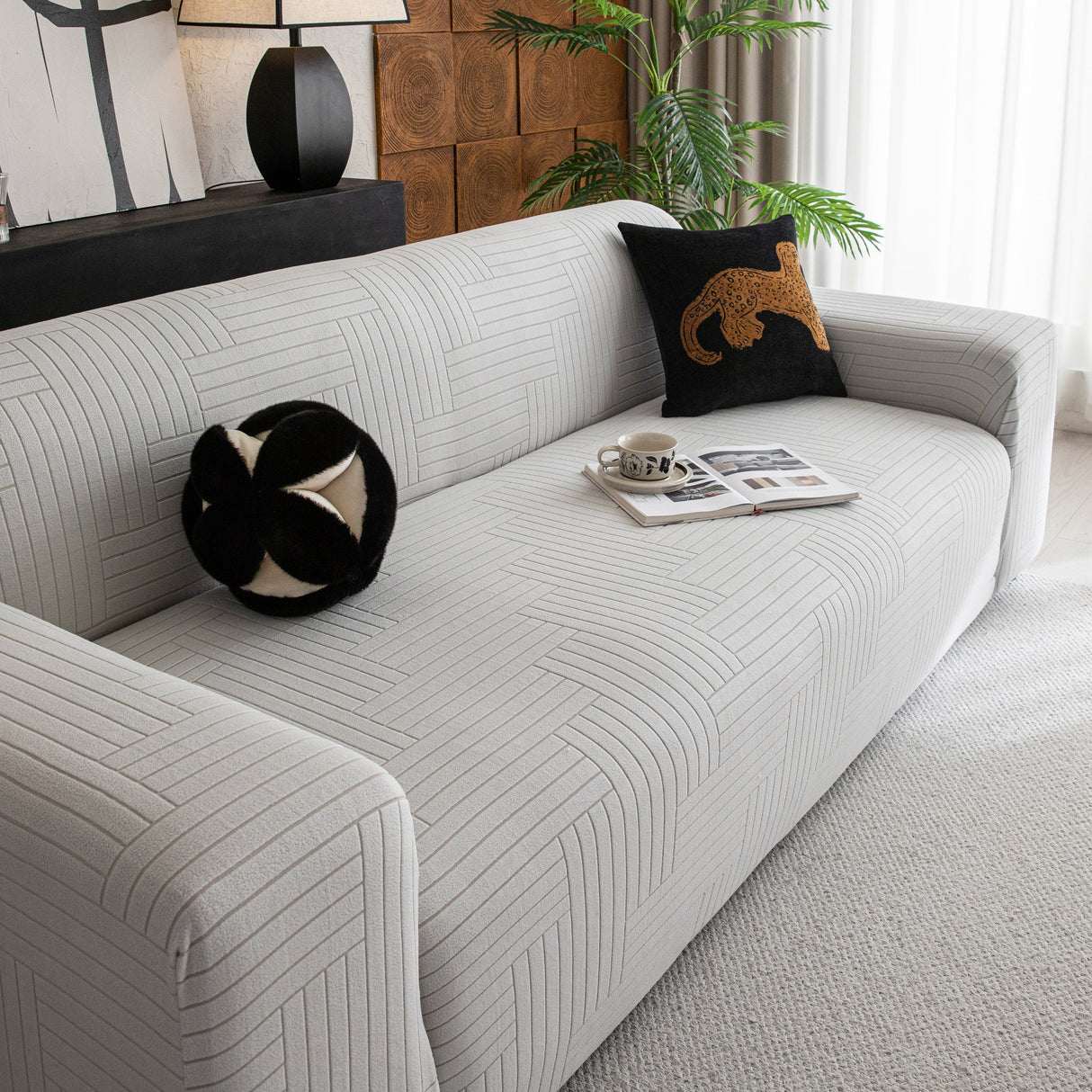 Modern Geometric Jacquard Spandex Slipcover, High Stretch Form Fitting Couch Cover