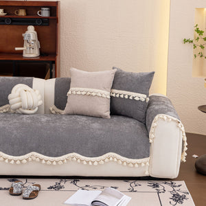 Chenille Sofa Cover Towel – Non-Slip, Washable Pets Couch Protector with Tassels