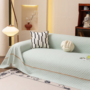 Jacquard Ice Silk Sofa Throw Cover with Gold Trim, Summer Cooling Couch Slipcover