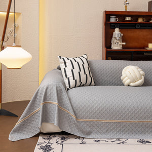 Jacquard Ice Silk Sofa Throw Cover with Gold Trim, Summer Cooling Couch Slipcover