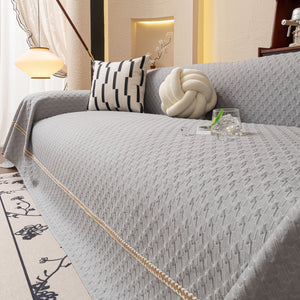 Jacquard Ice Silk Sofa Throw Cover with Gold Trim, Summer Cooling Couch Slipcover