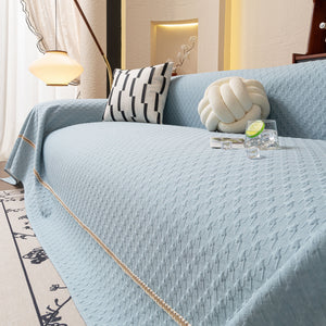 Jacquard Ice Silk Sofa Throw Cover with Gold Trim, Summer Cooling Couch Slipcover