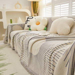 Geometric Radial Striped L-Shape Sofa Cover: Thick, Reversible Furniture Blanket for Kids and Pets