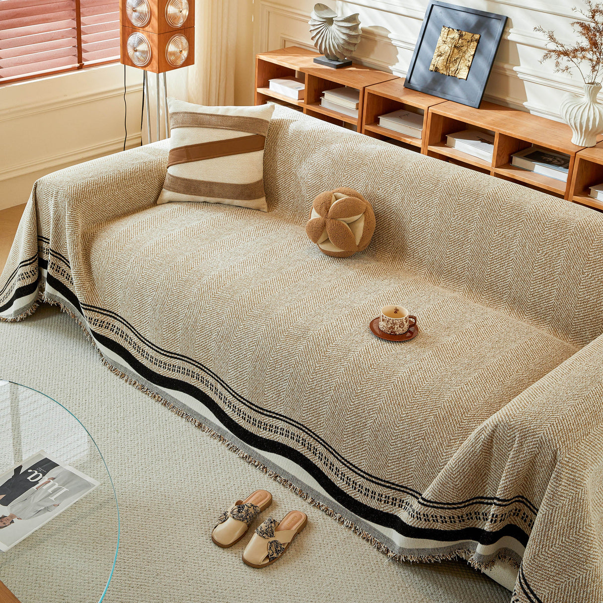 Reversible Herringbone Sofa Cover, 2-in-1 Classic British Throw Blanket for Couch