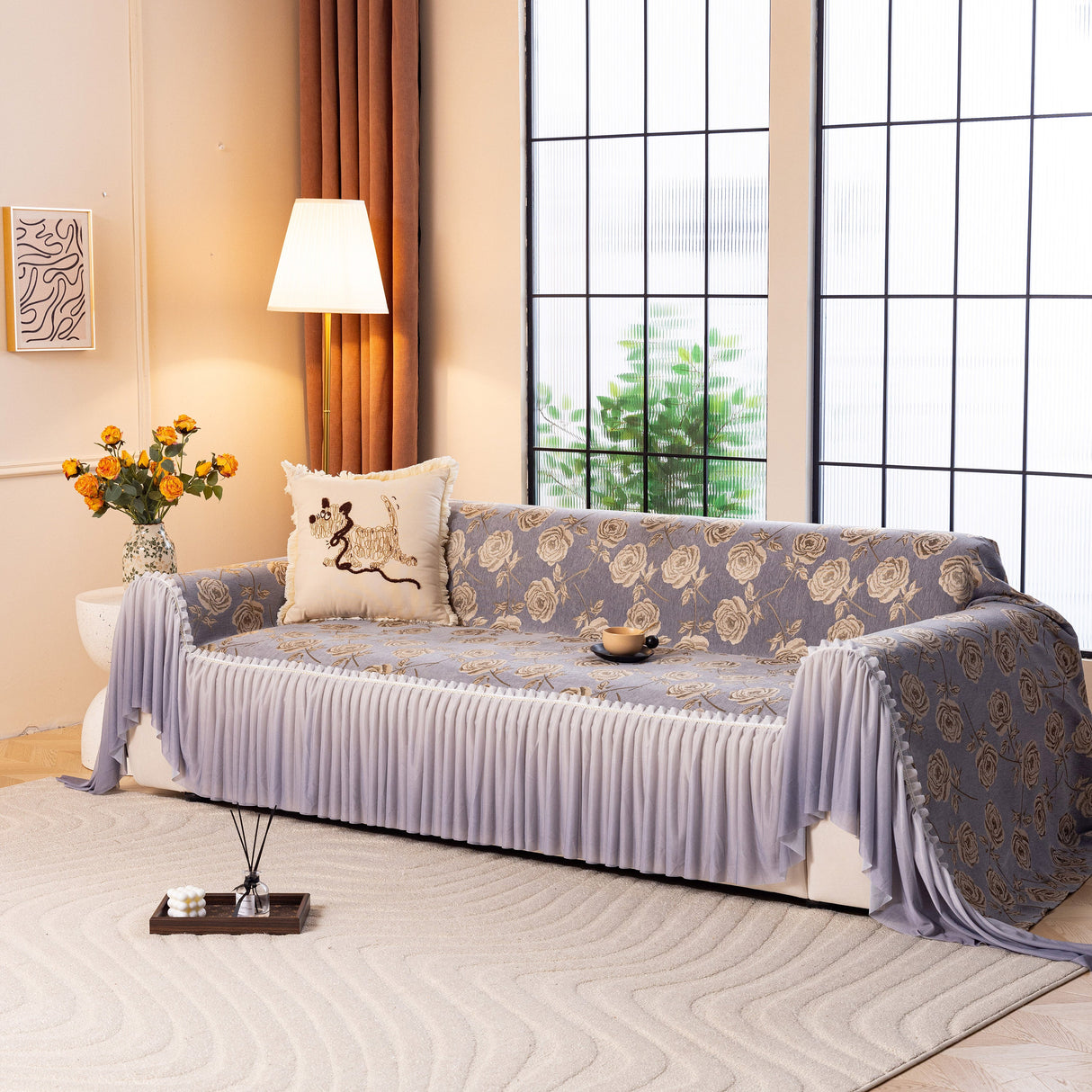 French Country Floral Sofa Cover with Ruffled Skirt, Farmhouse Decor for Living Room