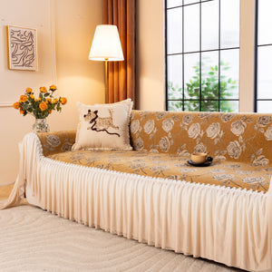French Country Floral Sofa Cover with Ruffled Skirt, Farmhouse Decor for Living Room
