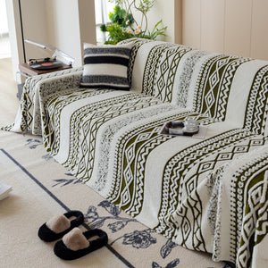 Bohemian Tufted Sofa Cover, Plush Sherpa Throw Blanket with 3D Woven Aztec Stripes
