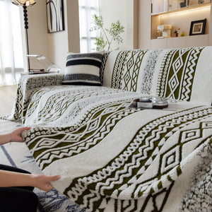 Bohemian Tufted Sofa Cover, Plush Sherpa Throw Blanket with 3D Woven Aztec Stripes