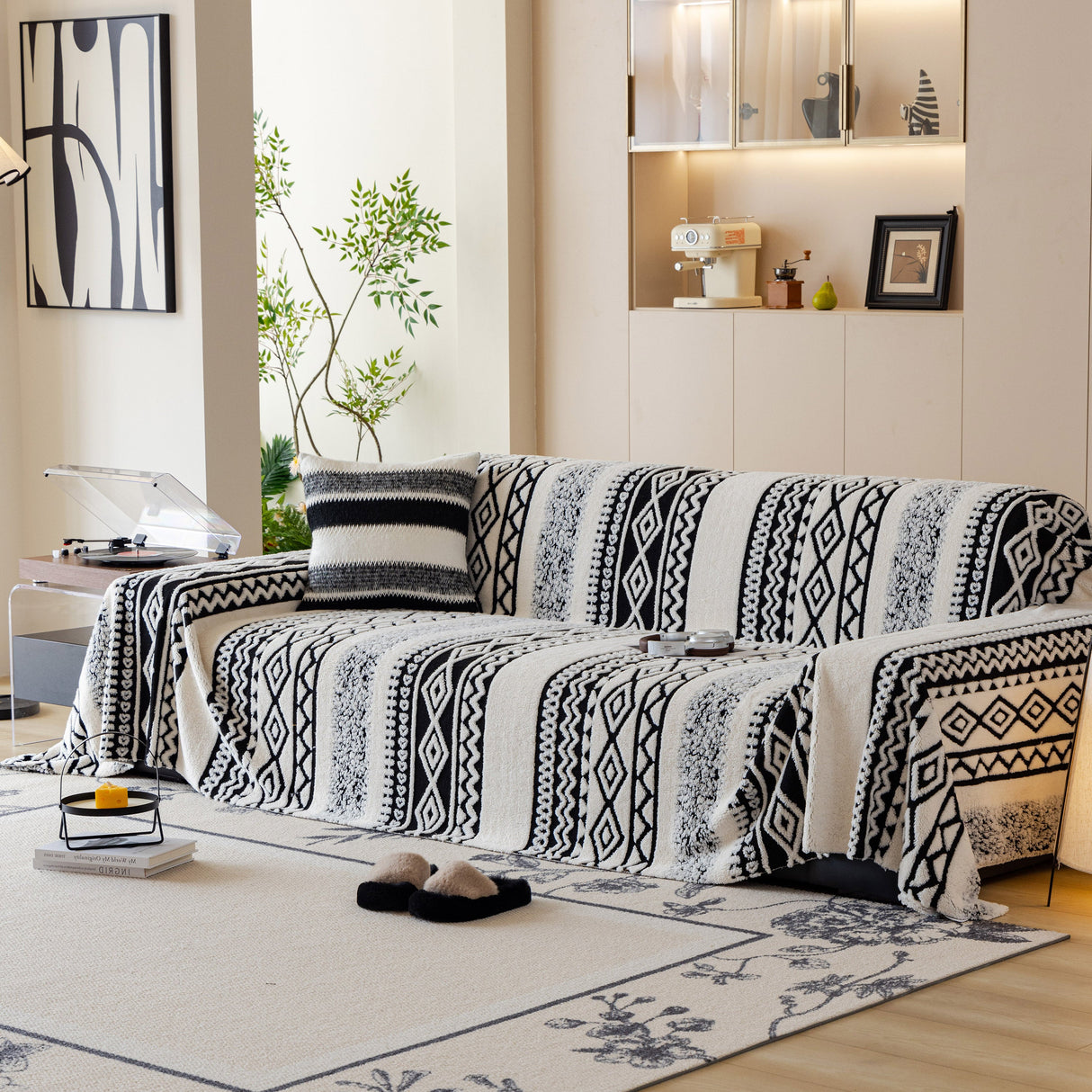 Bohemian Tufted Sofa Cover, Plush Sherpa Throw Blanket with 3D Woven Aztec Stripes
