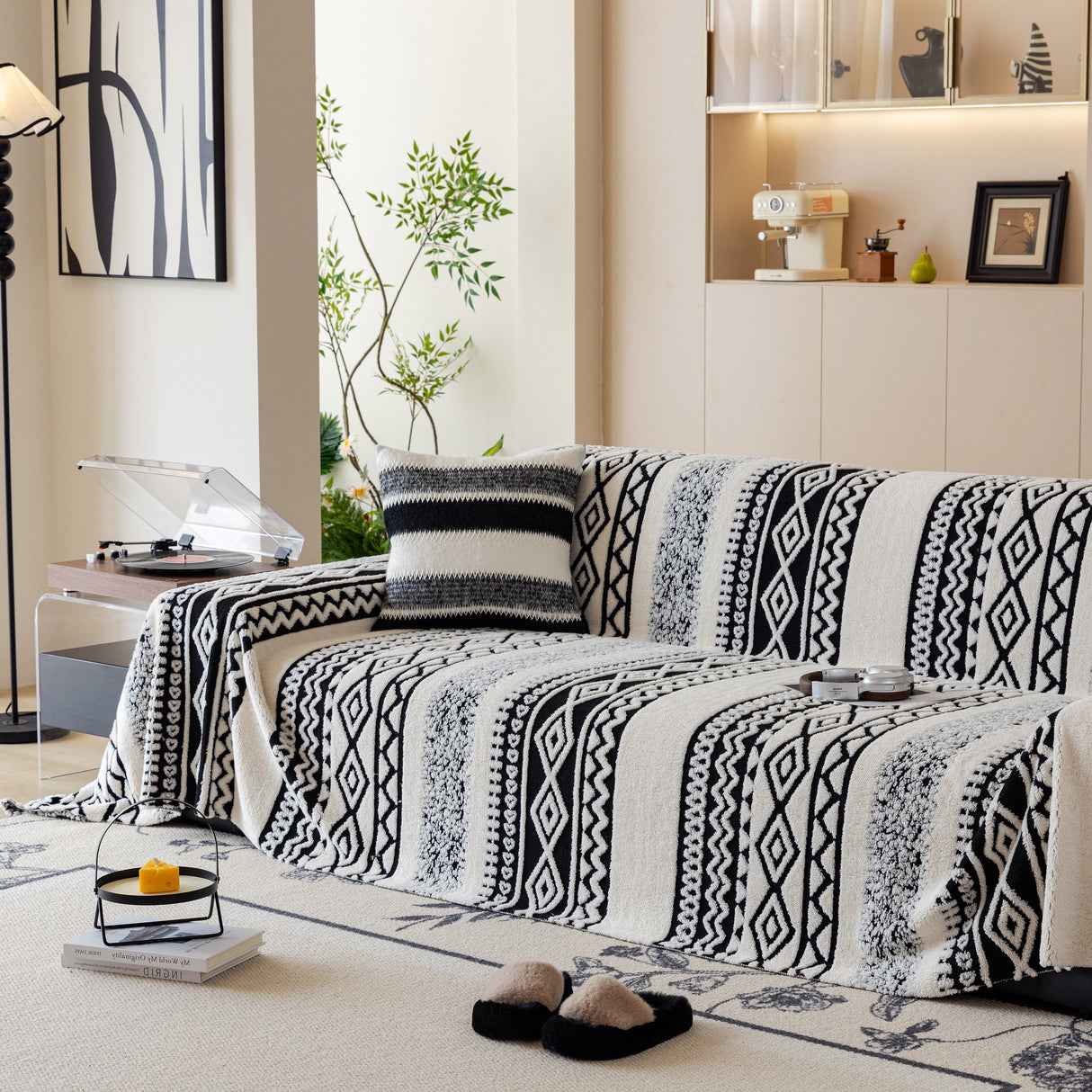 Bohemian Tufted Sofa Cover, Plush Sherpa Throw Blanket with 3D Woven Aztec Stripes