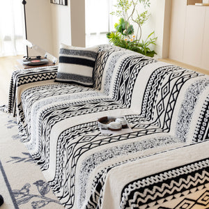 Bohemian Tufted Sofa Cover, Plush Sherpa Throw Blanket with 3D Woven Aztec Stripes