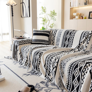 Bohemian Tufted Sofa Cover, Plush Sherpa Throw Blanket with 3D Woven Aztec Stripes