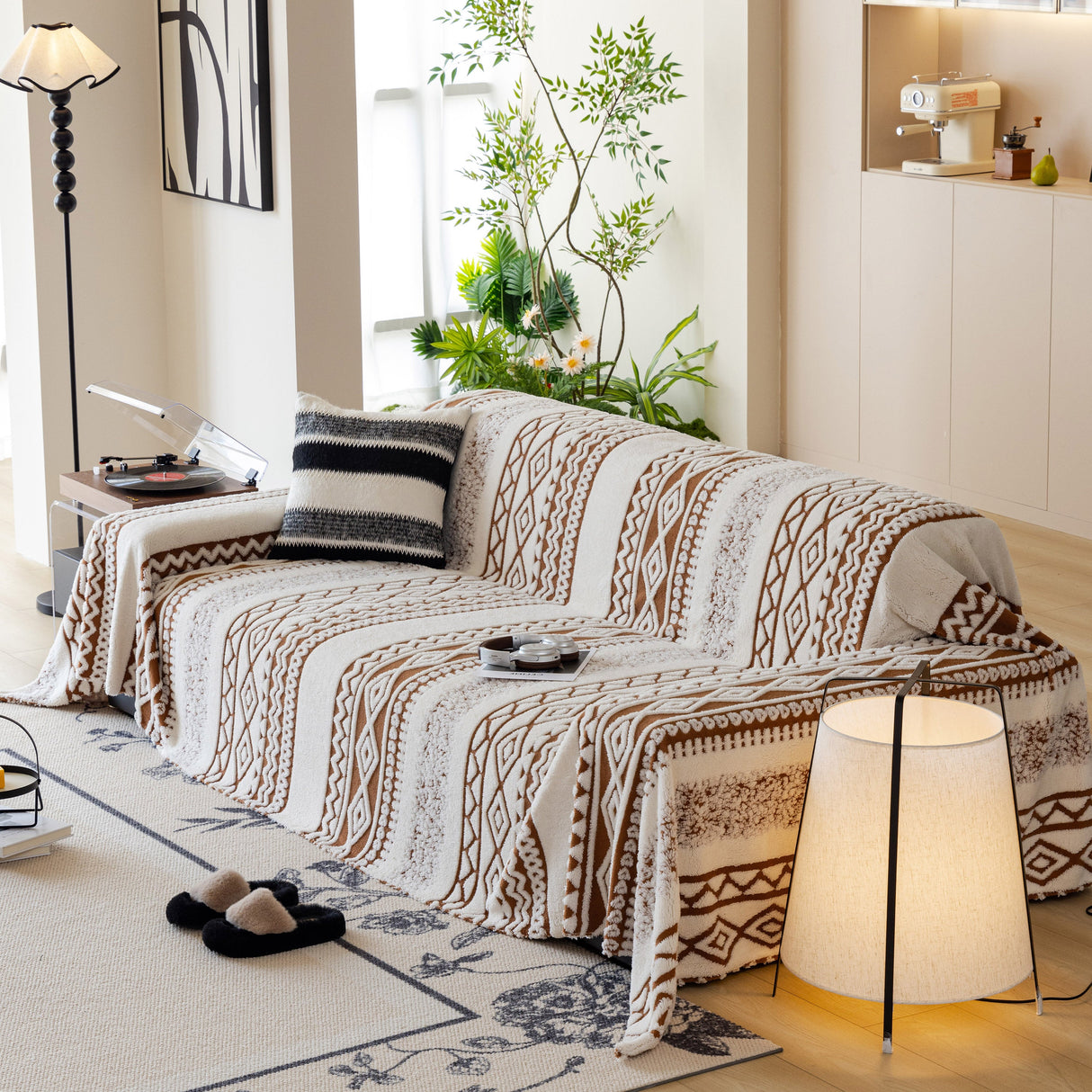Bohemian Tufted Sofa Cover, Plush Sherpa Throw Blanket with 3D Woven Aztec Stripes