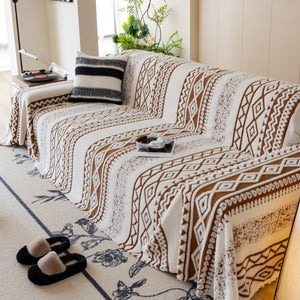 Bohemian Tufted Sofa Cover, Plush Sherpa Throw Blanket with 3D Woven Aztec Stripes